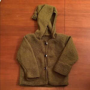 Cozy Green Hand-Knit Baby Cardigan with Hood